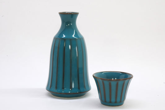 Turquoise Blue Glossy Porcelain Tokkuri and Ochoko by Roots Japan